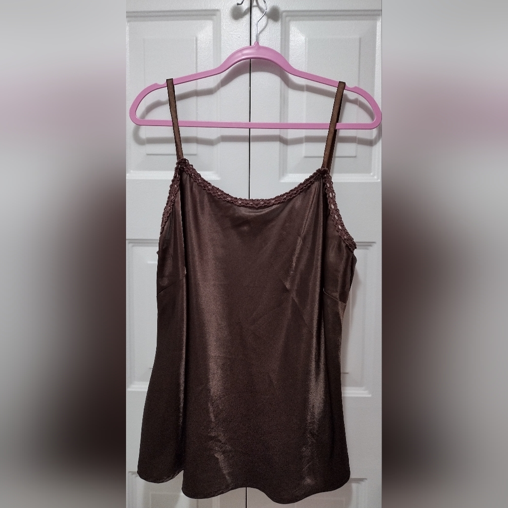Ashley Stewart Satin Brown with lace detail trim  Nighty Top 3X